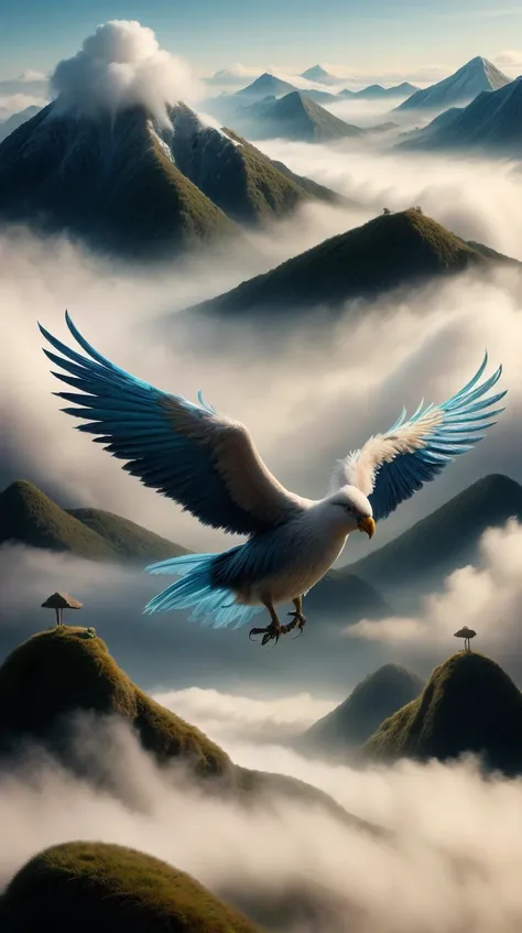 RAW photo, <lora:FurryStyle:1> FurryStyle a mythical bird descending from a cloud-covered mystical mountain <lora:add_detail:0.5> Intricate details