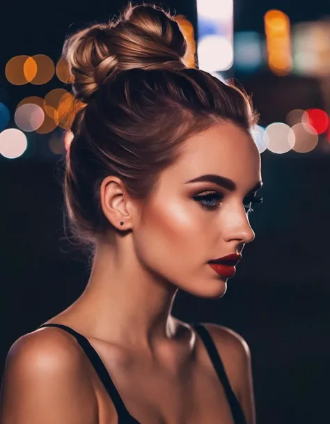photo of a gorgeous girl, messy bun hair, nighttime, sexy