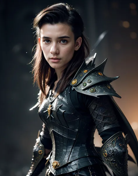 (photorealistic:1.4) (sharp focus:1), close shot, raw fantasy photo of 19 year old woman as a dragon man, long hair, (dark night:1.5), (in thematic fantasy background) mountain , wearing (intricate decorated:1.6) (dragon bone armor:1.6) , from front, black hair , centered, (leafs floating:1.2), (particle light:1.4), dirt, ambient light, volumetric lighting, depth of field, (atmospheric fog), sharp focus, (high contrast), (small ears:1.2), vivid colors, (clean shaven:1.5)