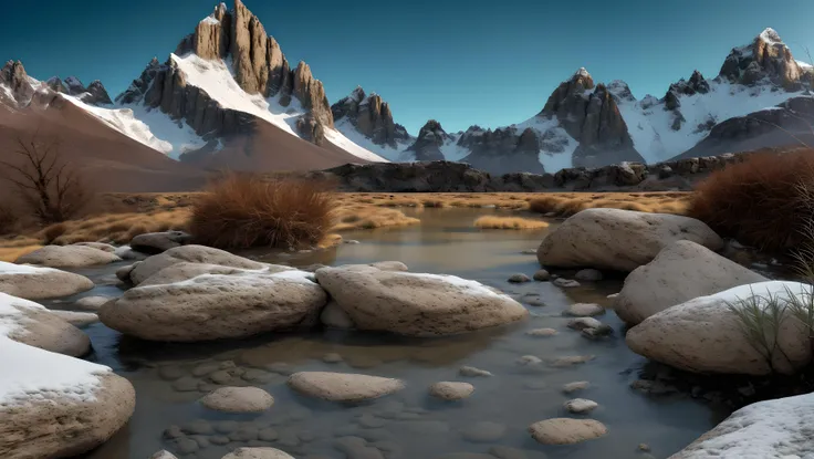 barren landscape, cracked earth, snow covered mountains in the background, low angle, from below, wide angle lens, rocks, grass, plants, small stream with water flowing from the foreground to the background,
realistic, highly detailed, cinematic,
detailed, vibrant, photo realistic, dramatic, sharp focus, 8k,