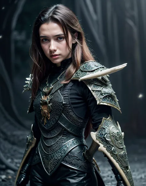 (photorealistic:1.4) (sharp focus:1), close shot, raw fantasy photo of 19 year old girl  as a human , long hair, (dark night:1.5), (in thematic fantasy background) mountain , wearing (intricate decorated:1.6) (dragon bone armor:1.6) , from front, blonde hair , centered, (leafs floating:1.2), (particle light:1.4), dirt, ambient light, volumetric lighting, depth of field, (atmospheric fog), sharp focus, (high contrast), (small ears:1.2), vivid colors, (clean shaven:1.5)