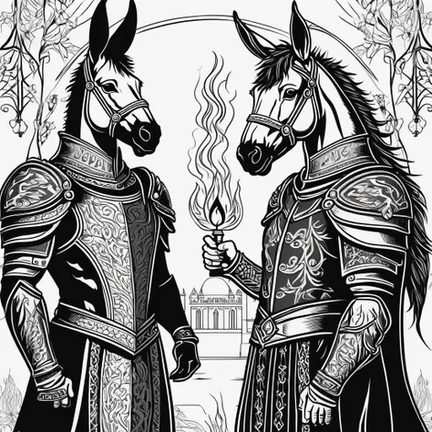 a man and a donkey stand side by side in leather armour (emblazoned with an occult fist surrounded by flames).,propaganda old poster,hand drawn,printed,silkscreen,school botanical poster,