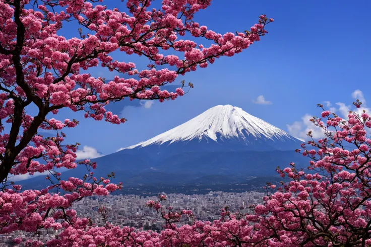 a tree with pink flowers in front of a mountain, a picture, mobile wallpaper, japanese city, fuji choco, high definition screenshot