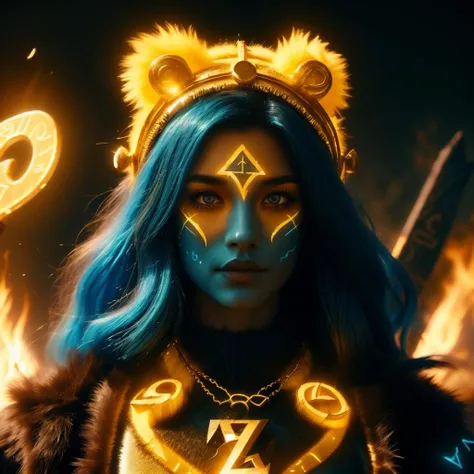 <lora:FluffyStyle:1> FluffyStyle portrait, solo, half shot, detailed background, detailed face, (<lora:GlowingRunesAIv4:0.6>, GlowingRunes_yellow, glowing runes theme:1.1), wise, blue facepaint, elemental shaman, mystical, Gold clothes, amulet, headdress, dynamic pose, campfire in background, ritual, cinematic atmosphere,