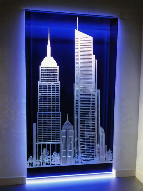 Acid etched glass depicting city skyscrapers.