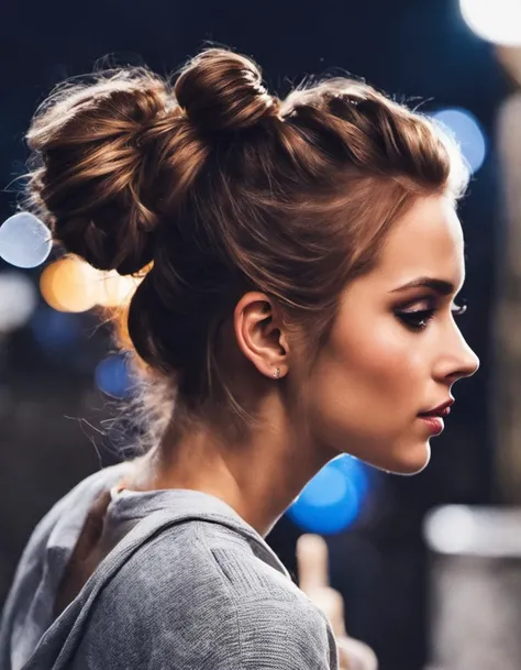 photo of a gorgeous girl, messy bun hair, nighttime, sexy