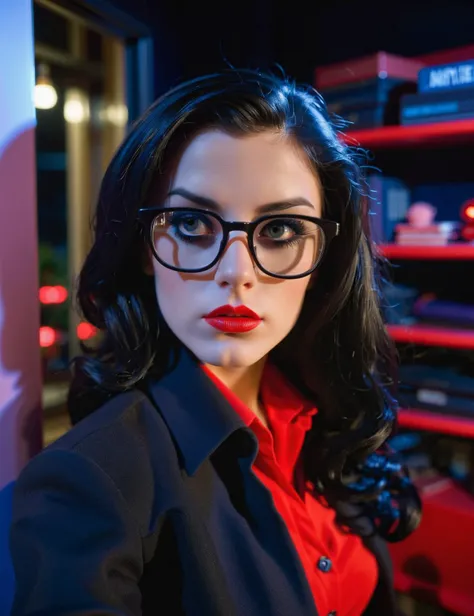 Professional staged analog photo, staged lighting photography, close portrait of a young nerdy woman, high contrast, (eye seduction:1.3), black hair, black, white, red, navy-blue, (dimly lit, night), (high contrast lighting, 8K, HD, by Nan Goldin, kodachrome), barbie house,