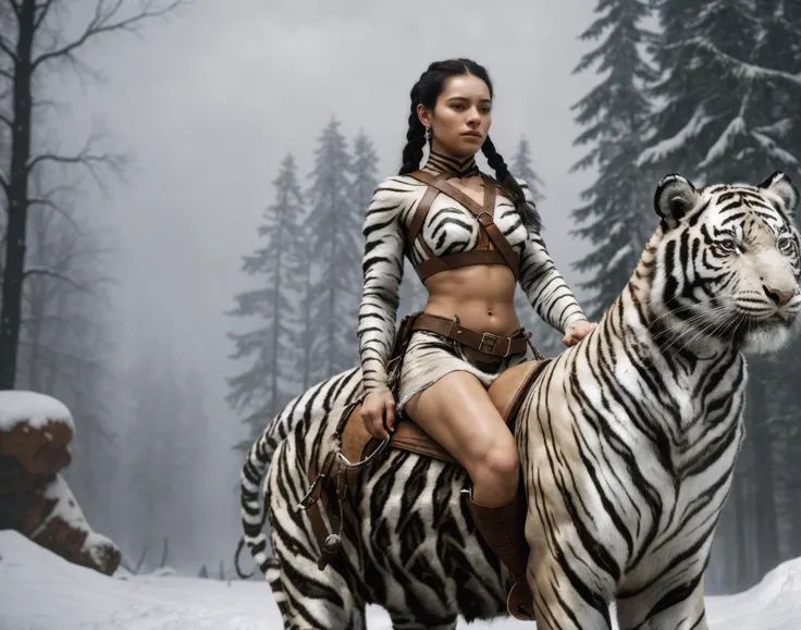 a photograph of a beautiful 18 year old Aztec woman as a fierce mage with black hair in the snow, (full body:1.2), (riding a ferocious giant white tiger:1.4), fierce, saddle, harness, reins, french braid hairstyle, enchanting, highly detailed, fantasy art, snowstorm, narrow hips, detailed face, skinny, petite, natural large breasts, perfect hands, real skin, textured skin, intricately detailed eyes, perfect lips, cinematic lighting, (subsurface scattering:0.9), (depth of field:1.4)