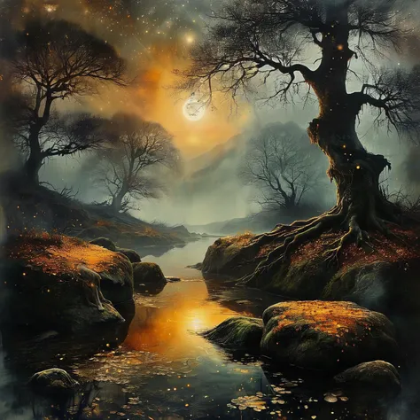 Painting using oil paints.
(Golden sunset bliss),
Beneath the cloak of the ink-black sky, where stars are strewn like shattered crystals across the celestial canvas, lies a realm of enchantment and mystery. Moonbeams cascade through the whispering leaves of ancient trees, casting ethereal shadows that dance upon the moss-covered ground below. The air is alive with the haunting melody of nocturnal creatures, their calls echoing through the velvety darkness. A river of silver threads its way through the landscape, its gentle waters reflecting the twinkling stars above. Above, the constellations weave tales of heroes and gods, etching their celestial stories into the hearts of those who dare to gaze upon them. In this mythical nightscape, time seems to stand still, and the boundaries between reality and imagination blur into a realm of infinite possibility.
(Watercolor dreaminess), soft watercolor, selective color,
Atmospheric, detailed. Rustic. Misty.
Fantasy style. Fantasy dreamlike art.
<lora:Old_Style_SDXL:0.2>
<lora:The_Dark_Side_of_the_Earth:0.2>
<lora:EnvyAwesomizeXL01:0.8> Awesomize
<lora:MJ52:0.8>