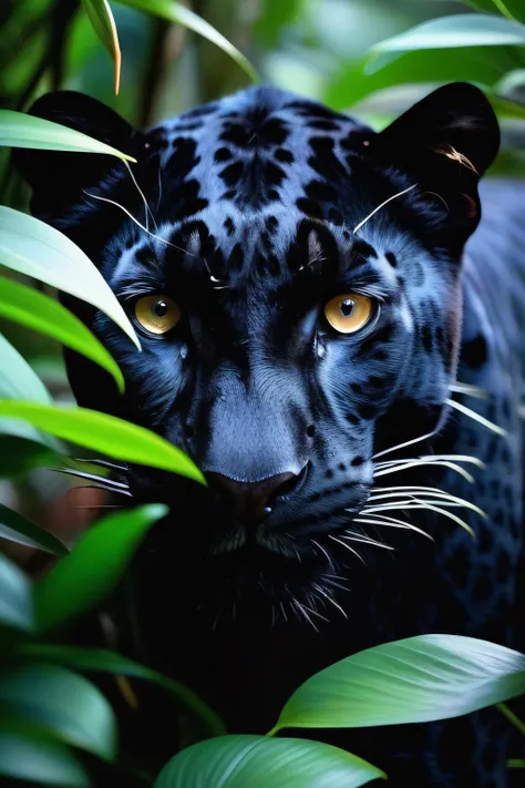 nature shot with wide shot of a dark jungle scene,face of a black-leopard hiding between the bushes,hunting,nightfall,dimmly lit,intense gaze,tension,perfect composition,masterpiece,best quality, ziprealism. Outdoors,greenery,natural light,fresh,vivid contrast,vivid color,Hyperrealistic art cinematic film still photography in the style of detailed hyperrealism photoshoot,