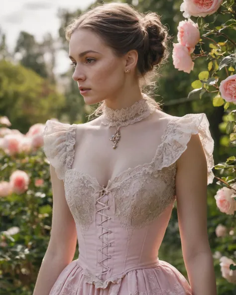 close up side portrait of a beautiful girl in a (Victorian rose garden:1.1), she is wearing a Victorian summer dress, lace detailing, cleavage, vintage elegance, romantic charm, high neckline, puffed sleeves, ruffled accents, femininity, embroidered details, pastel colors, tea-length, classic, timeless, empire waist, flare skirt, corset-inspired, silhouette, nostalgic, enchanting, dappled light on face, no make-up, detailed face and eyes, very thin eyebrows, pale skin