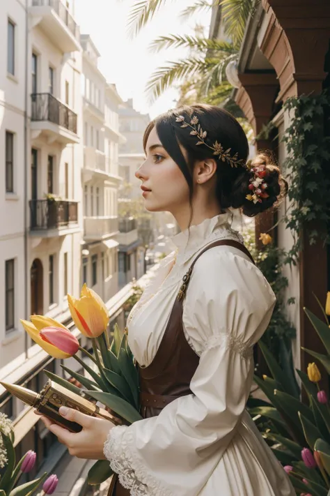 1girl, (stylized by Edward Julius Detmold:0.7) and (Christian Schloe:1.2) , art nouveau art, 8k Cinematic still, Altermodern, Fairy-Tale, elegant, side view shot of a [Preposterous|Nutty] Paradoxical Cosplayer ([soysauce|Tulip]:1.3) , it is forged by Jurassic Park, it has ornate details, background is Serious Townhouse, crowded foliage and Red giant in background, Spring, shallow depth of field, Visual novel, Relieving, Ethereal Lighting, Selective focus, Provia, intricate details, alluring, extremely detailed CG Unity 8k wallpaper, adobe lightroom