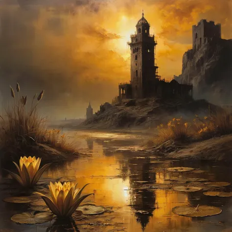 Painting using oil paints.

(Golden sunset bliss),

Golden waters, lilies in a golden pond. A shimmering golden desert landscape, baked by a relentless sun. Sunlight reflecting off golden waters.

A distant tower, crumbling, mystical and beautiful, apocalyptic, decrepit, rises from the water's edge. 

(Watercolor dreaminess), soft watercolor, selective color,

Atmospheric, antique, intricate, detailed. Rustic. Debris.

Fantasy style. Fantasy dreamlike art. 

<lora:Old_Style_SDXL:0.2>
<lora:The_Dark_Side_of_the_Earth:0.2>
<lora:EnvyAwesomizeXL01:0.8> Awesomize 
<lora:OMG-Is-DucHaiten_v1.0:0.4>