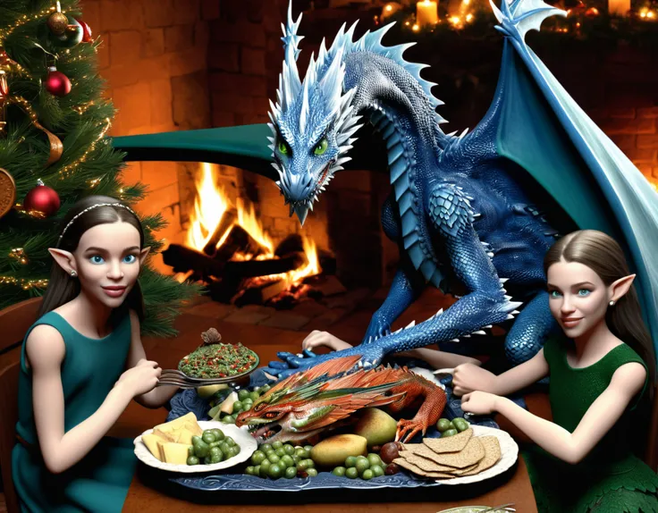 Ice dragon, (Dark blue), hero view, action pose, beautiful extremely detailed piercing eyes, sitting with female Epoch Elves, (pointed ears:1.3) enjoying a Christmas meal together, detailed background, fireplace, Christmas tree, candles <lora:ice_dragon_xl_v1:1>, detailed skin texture, (blush:0.5), (goosebumps:0.5), subsurface scattering, real skin, intricately detailed eyes and lips, (roasted green dragon on platter) stuffing
