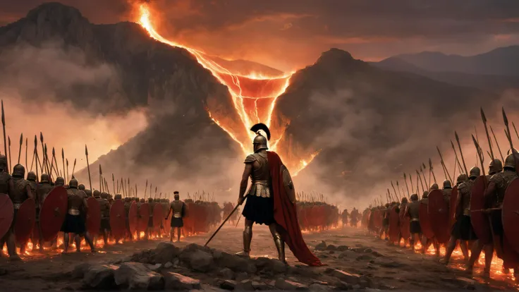 A dramatic scene depicting the Battle of Thermopylae: a narrow mountain pass at sunset with towering cliffs on either side, casting a fiery orange and red glow across the sky. In the foreground, King Leonidas stands resolute, his cloak billowing, holding a spear and shield. Surrounding him are the 300 Spartan warriors in determined stances, their armor gleaming. In the distance, the massive Persian army approaches, a vast tide of soldiers and banners. The ground is littered with fallen warriors, highlighting the brutality and sacrifice. The overall mood is one of epic heroism and defiance.