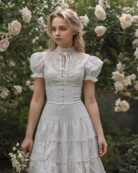 full body side portrait of a beautiful girl in a (Victorian rose garden:1.1), she is wearing a Victorian summer dress, lace detailing, vintage elegance, romantic charm, high neckline, puffed sleeves, ruffled accents, femininity, embroidered details, pastel colors, tea-length, classic, timeless, empire waist, flare skirt, (unlaced:1.4) corset-inspired, silhouette, nostalgic, enchanting, dappled light on face, no make-up, detailed face and eyes, very thin eyebrows, pale skin, natural skin texture, (highly detailed skin:1.1), textured skin, (oiled shiny skin:0.5), (skin blemish:1.3), (moles:0.8), (imperfect skin:1.5), intricate skin details, visible skin detail, (detailed skin texture:1.1), (oiled shiny ultra white skin:0.6), mascara, (skin pores:1.1), (light freckles:0.3), skin fuzz, (blush:0.5), (goosebumps:0.5), translucent skin, subsurface scattering, (minor skin imperfections:1.2), wrinkles, [brown spots:0.01], [whiteheads], [blackheads], [white pimples:0.01], [red pimples:0.01], beauty spot, skin fuzz, detailed eyes, (round iris:1.1), light reflections in her eye, visible cornea, highly detailed iris, tiny blood vessels in the eye, remarkable detailed pupils, (high contrast:1.2)