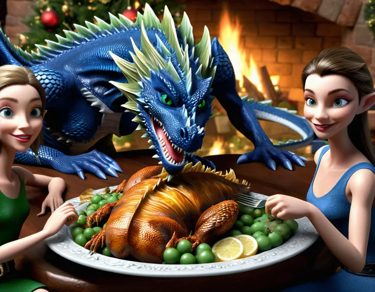 Ice dragon, (Dark blue), hero view, action pose, beautiful extremely detailed piercing eyes, sitting with female Epoch Elves, (pointed ears:1.3) enjoying a Christmas meal together, detailed background, fireplace, Christmas tree, candles <lora:ice_dragon_xl_v1:1>, detailed skin texture, (blush:0.5), (goosebumps:0.5), subsurface scattering, real skin, intricately detailed eyes and lips, (roasted green dragon on platter) stuffing
