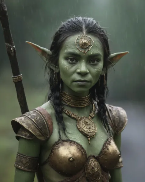 raw full body photo of a young (Goblin:1.4) shaman woman, 19 years old, candid shot, (green tinted skin:1.3), (pointed ears), (protruding pointed teeth), (warts), (gold eyes), wearing (fur armor:1.2) and intricately detailed tribal garb, ugly yet strangely sexy, (evil:1.5), narrow hips, slim petite body, (full bosom:1.3), fit body, perfect hands, real skin, textured skin, intricately detailed eyes, wet hair, high contrast, (subsurface scattering:0.9), (depth of field:1.2), outdoors, rain, overcast, foggy, carrying a shaman staff