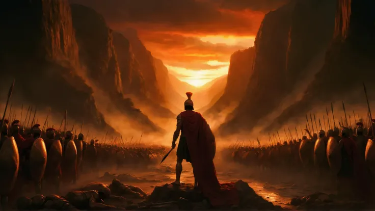 A dramatic scene depicting the Battle of Thermopylae: a narrow mountain pass at sunset with towering cliffs on either side, casting a fiery orange and red glow across the sky. In the foreground, King Leonidas stands resolute, his cloak billowing, holding a spear and shield. Surrounding him are the 300 Spartan warriors in determined stances, their armor gleaming. In the distance, the massive Persian army approaches, a vast tide of soldiers and banners. The ground is littered with fallen warriors, highlighting the brutality and sacrifice. The overall mood is one of epic heroism and defiance.