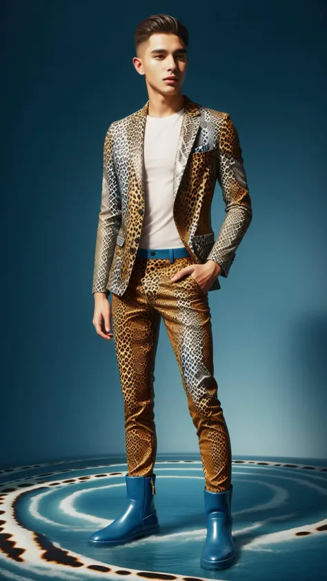 <lora:ElementWater:0.9>ElementWater dude in a zebra-print blazer, leopard print pants, and snakeskin boots, nature inspired, water, wet, drops, (Masterpiece:1.3) (best quality:1.2) (high quality:1.1)