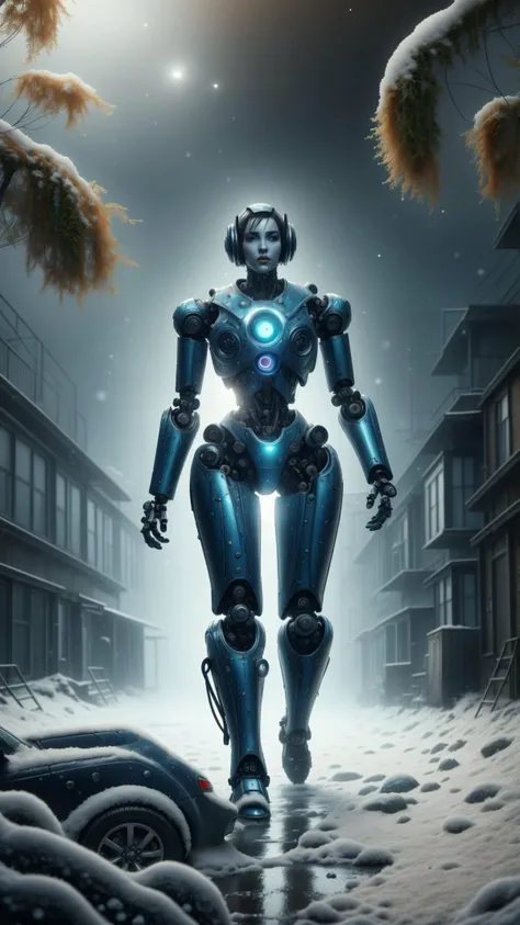 <lora:ElementWater:0.9>ElementWater Photorealistic RAW photo of a curious robot, shiny silver metal body, glowing blue eyes, exploring a forgotten city, crumbling buildings, rusted vehicles, overgrown with vegetation, a single snowflake, containing a universe of stories, falling towards the robot's glowing blue eye, cold and winter atmosphere, snow-covered ground, dark and gloomy sky, golden hour, soft and diffused light, shallow depth of field, dramatic contrast, high-resolution, detailed, cinematic, concept art, wallpaper, artstation, illustration, wide-angle, artbook, promo art, splash art, nature inspired, water, wet, drops, (Masterpiece:1.3) (best quality:1.2) (high quality:1.1)