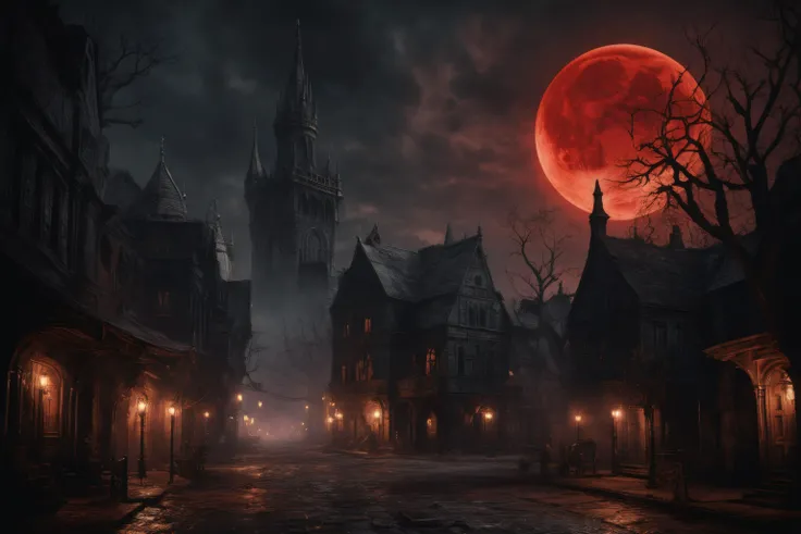 The city of yharnam, oil painting, Red moon in sky, realistic, extreme detail, scary, terrifying, dark and warm environment, (high saturation:1.2), (high contrast), (subsurface scattering:0.9), (depth of field:1.2)