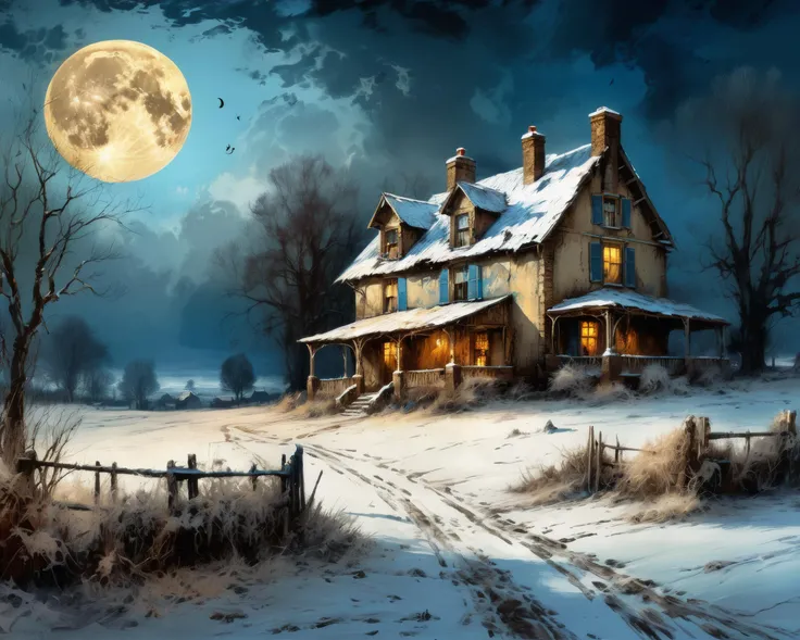 winter, house in the country HDR photo of landscape by Gustave Moreau, Thomas Kinkade, James Gurney. Carne Griffiths. Frank Frazetta. van gogh, Alberto Sevesooil paint, realistic, deep colors, blue tint, only bronze gold moon, night scenery, fields, Field, Intricate, detailed, sharp, clear, Better image quality, harsh brush strokes, High dynamic range, vivid, rich details, clear shadows and highlights, realistic, intense, (high saturation:1.2), (high contrast), (subsurface scattering:0.9), (depth of field:1.2)