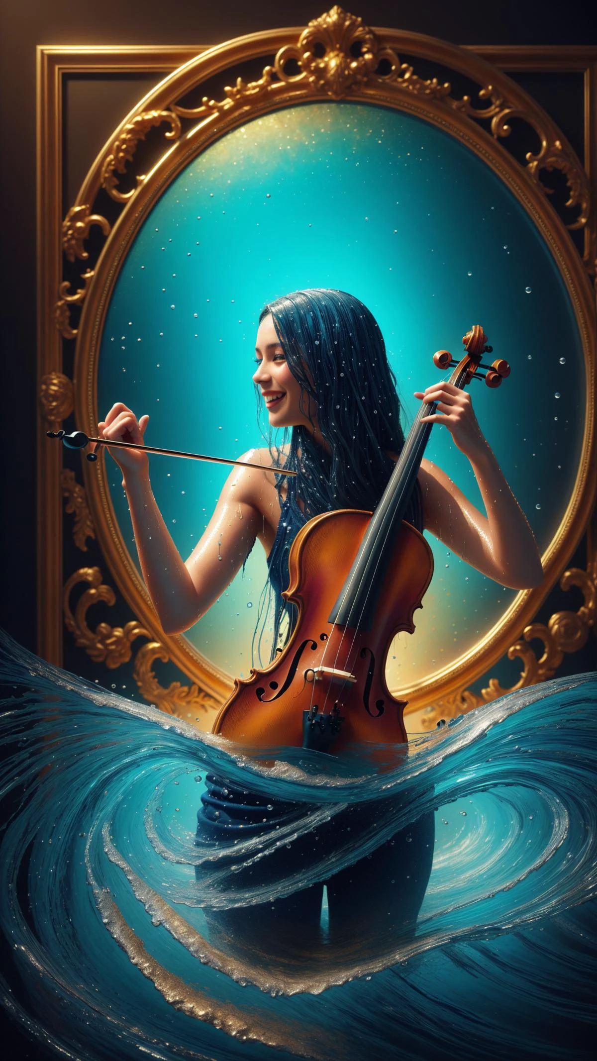 <lora:ElementWater:0.8>ElementWater Vibrant surrealistic painting of a golden violin playing the melody of the universe, Laughing waves in the background, reflections on a maze of mirrors, Infinite reflections of the violin and waves, Shimmering colors, Bright and bold, Realistic details, Ornate golden frame, High contrast, Dreamlike atmosphere, Intricate patterns on the violin and mirrors, Oceanic blues, Gold and silver accents, Glowing lights, Detailed textures, Oil painting, High resolution, Large canvas, Breathtaking, Awe-inspiring, Thought-provoking, Emotionally charged, Evocative, Meaningful, Symbolic, Surreal, Magical, Mesmerizing, Hypnotizing, nature inspired, water, wet, drops, (Masterpiece:1.3) (best quality:1.2) (high quality:1.1)
