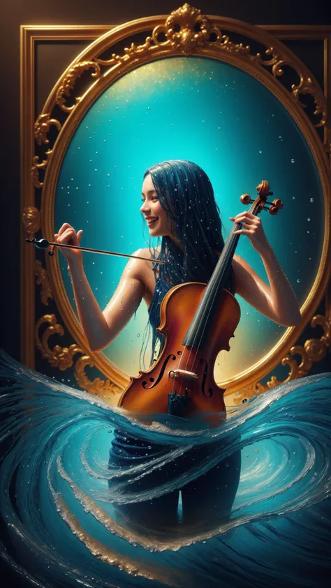 <lora:ElementWater:0.8>ElementWater Vibrant surrealistic painting of a golden violin playing the melody of the universe, Laughing waves in the background, reflections on a maze of mirrors, Infinite reflections of the violin and waves, Shimmering colors, Bright and bold, Realistic details, Ornate golden frame, High contrast, Dreamlike atmosphere, Intricate patterns on the violin and mirrors, Oceanic blues, Gold and silver accents, Glowing lights, Detailed textures, Oil painting, High resolution, Large canvas, Breathtaking, Awe-inspiring, Thought-provoking, Emotionally charged, Evocative, Meaningful, Symbolic, Surreal, Magical, Mesmerizing, Hypnotizing, nature inspired, water,  wet, drops, (Masterpiece:1.3) (best quality:1.2) (high quality:1.1)