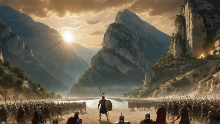 A dramatic scene depicting the Battle of Thermopylae: a narrow mountain pass at sunset with towering cliffs on either side, casting a fiery orange and red glow across the sky. In the foreground, King Leonidas stands resolute, his cloak billowing, holding a spear and shield. Surrounding him are the 300 Spartan warriors in determined stances, their armor gleaming. In the distance, the massive Persian army approaches, a vast tide of soldiers and banners. The ground is littered with fallen warriors, highlighting the brutality and sacrifice. The overall mood is one of epic heroism and defiance.