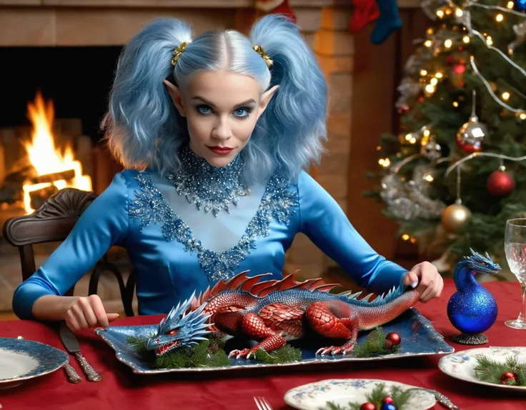 beautiful extremely detailed piercing eyes, highly detailed, sitting at table with beautiful 25 year old Epoch Elf with (pointed ears:1.3) (silky blue hair), (elegant intricately detailed blue ice square neck holiday dress), (holding knife and fork), (enjoying Christmas meal of roasted Ice dragon:1.3), fireplace, holiday decorations, Christmas tree with gifts in background, <lora:ice_dragon_xl_v1:1> (roasted blue dragon on platter)