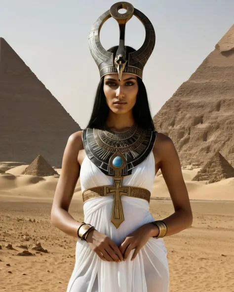 photograph of the goddess Isis, ornate, Egypt, mystical aura, dust, debris, tanned skin, Ankh Cross, Black Eyeliner, black hair, clothing transparent white silk sheath dress, solar disk and cowâs horn headdress, beauty, with desert pyramids background, narrow hips, slim petite body, fit body, (detailed hands:1.1), real skin, textured skin, (intricately detailed eyes), (high saturation:1.2), (high contrast), (subsurface scattering:0.9), (depth of field:1.2)