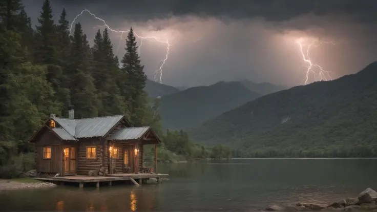 photo or a rustic cabin next to a peaceful mountain lake before a storm, lightning strikes in the distance as the storm approaches, lake stretches from foreground to background