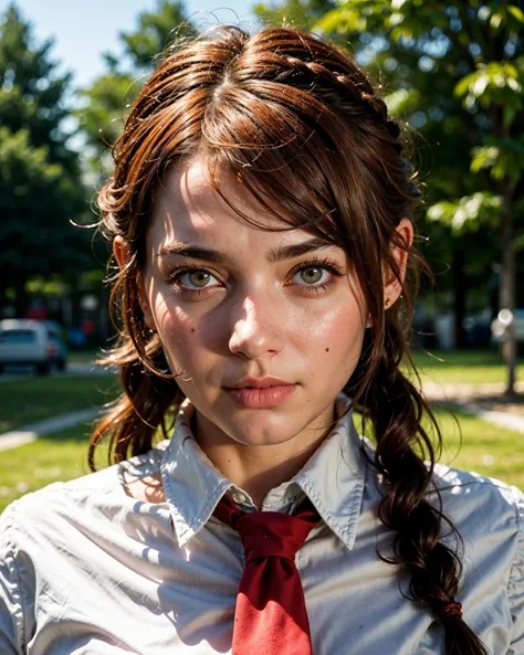 masterpiece, (photorealistic:1.4), best quality, beautiful lighting, makima \(chainsaw man\), 1girl, (red hair)+(long braided hair)+(bangs), yellow eyes, golden eyes, ((ringed eyes)), (white shirt), (necktie), RAW photo, 8k uhd, ((film grain))