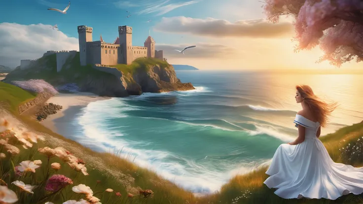 breathtaking view, digital photography, full-body portrait, sailor's widow,
castle ruins, flowery meadow, seagulls, ocean, surf, sunlight,
official art, intricately detailed, 8k, photorealistic, trending on DeviantArt,