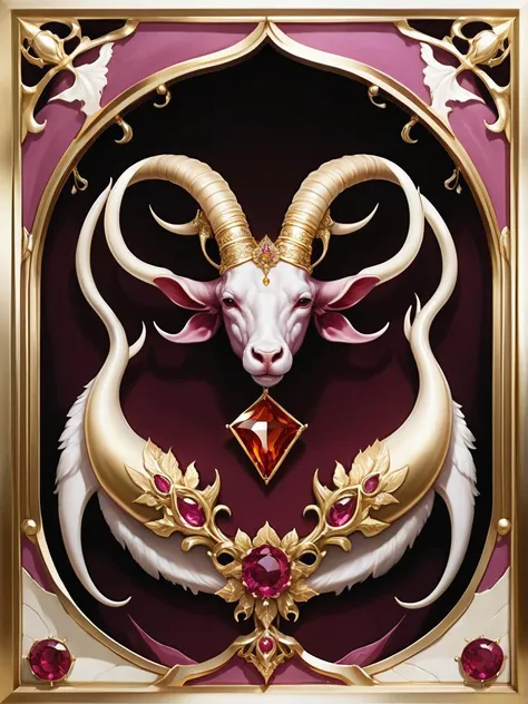 Renaissance style, (Basic Drawing:1.3) of (Cel shaded:1.3),(Happy:1.3) Dark Red, stimulating,granular,refreshing,evil, intricate, beautiful, interconnected regions, elements, Ivory, Ruby, Amber, Gold, Bronze, Topas, Animal, Flower, Frame, wool, glass, Then one of them said to his mate, Golden Horn: Animal horns polished or gilded to achieve a golden appearance, used in decoration and tools., <lora:Smooth Anime Style LoRA XL:1>,(by Artist Enki Bilal:1.3),(Aestheticism:1.3),(Magenta hue:1.3), Realistic, perspective, light and shadow, religious or mythological themes, highly detailed