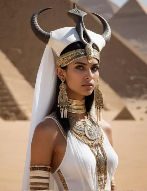 photograph of the goddess Isis, ornate, Egypt, intense exotic face, mystical aura, dust, debris, tanned skin, Ankh, Black Eyeliner, black hair, clothing transparent white silk sheath dress, solar disk and cowâs horn headdress, beauty, with desert pyramids background, narrow hips, slim petite body, fit body, (detailed hands:1.1), real skin, textured skin, (intricately detailed eyes), (high saturation:1.2), (high contrast), (subsurface scattering:0.9), warm rich dark color palette