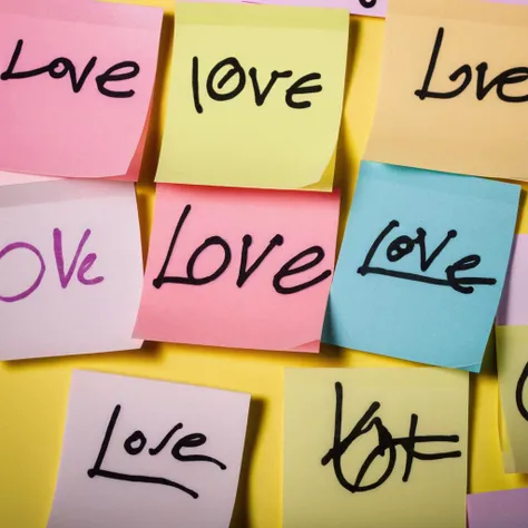 a raw photograph of a (post-it notes with (LOVE)),