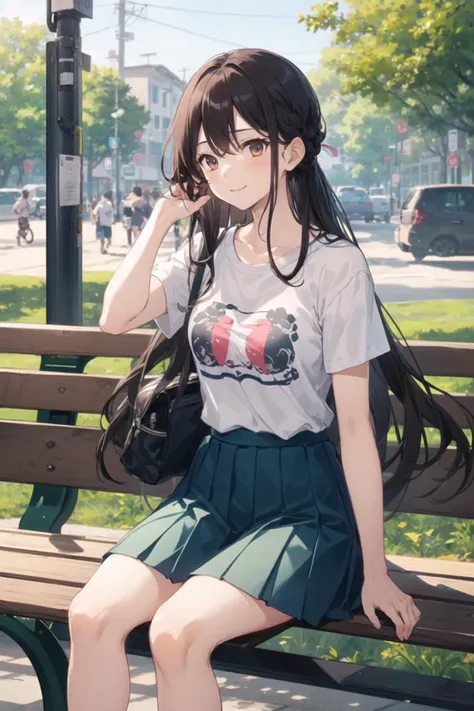 1girl, casual clothes, t-shirt, pleated skirt, long hair, short sleeves, adjusting hair, outdoors, sitting on object, vanishing point, park, bench, (smile:0.7)