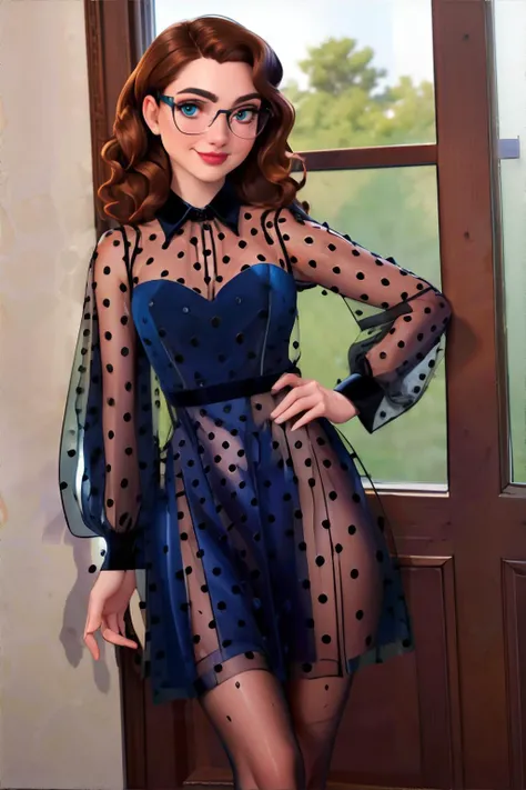 <lora:bluevelvetpolkadotdress-freckledvixon:0.5>, v3lv3tp0lk4d0t,long sleeves,velvet dress,blue dress,see-through sleeves, polka dot pattern, <lora:bzl:0.8>, bzl_test, short wavy brown hair, (grey|blue) eyes, glasses, (freckles:0.4), closed smile || skin, hair, clothing, masterpiece, 8k, high resolution, shallow depth of field, sharp focus