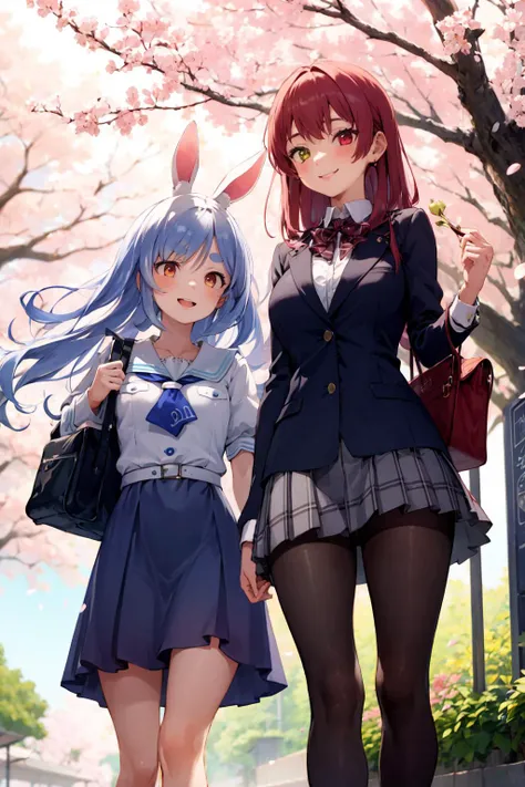 2girls, school, school gate, walking, holding school bag, cherry blossoms, petals, from below, smile BREAK, masterpiece, best quality, highres, <lora:GoodHands-vanilla:1> nice hands, perfect hands ADDCOMM, 1girl, <lora:pekora1:0.9> sailor1, rabbit ears, BREAK, <lora:marine1:0.9> marinernd, long hair, large breasts, pantyhose, choker, school uniform, miniskirt, white collared shirt, blue plaid skirt, jacket, pleated skirt, miniskirt