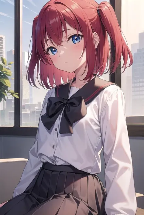 Masterpiece to the smallest detail、top-quality、1girl in、Solo looks 12 years old、150cm petite beautiful girl、small tits、12-year-old baby face、red hairs、Gradient Bob Forward、Pink and purple mesh、red eyes、Red Eyes、tall, Big eyes、Outstanding looks、A lovely child、proximity、Closed_Mouth、A smile、red blush、full of shyness、blue headwear、Hats、pink bowtie、校服、 Blue jacket、jaket、skirt by the、Gray skirt shirt、white shirt、an legs、Black socks、sitting on、Classroom、hair_ornament detached、up looking_で_viewer、beatiful detailed eyes、Akame、panties on、lift up one's skirt、Professional effects、