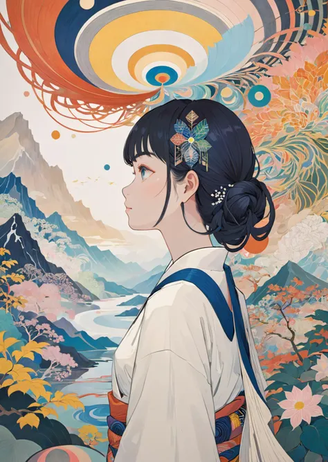 ((poster of 1 japanese woman)), close up , official art, unity 8k wallpaper, ultra detailed, beautiful and aesthetic, masterpiece, best quality, realistic, zentangle, mandala, tangle, entangle, fractal art, extremely detailed, dynamic angle, the most beautiful form of chaos, elegant, a brutalist designed, vivid colors, romanticism, silk, Hiroshi Yoshida Italo Calvino Hilma af Klint