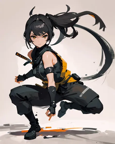 1 female ninja, jump, battle stance, negative space
( 8k, art by Benedick Bana Ashley Wood )