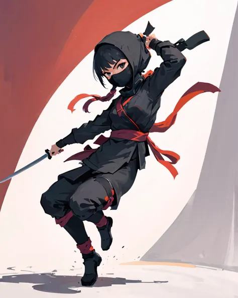 1 female ninja, jump, battle stance, negative space