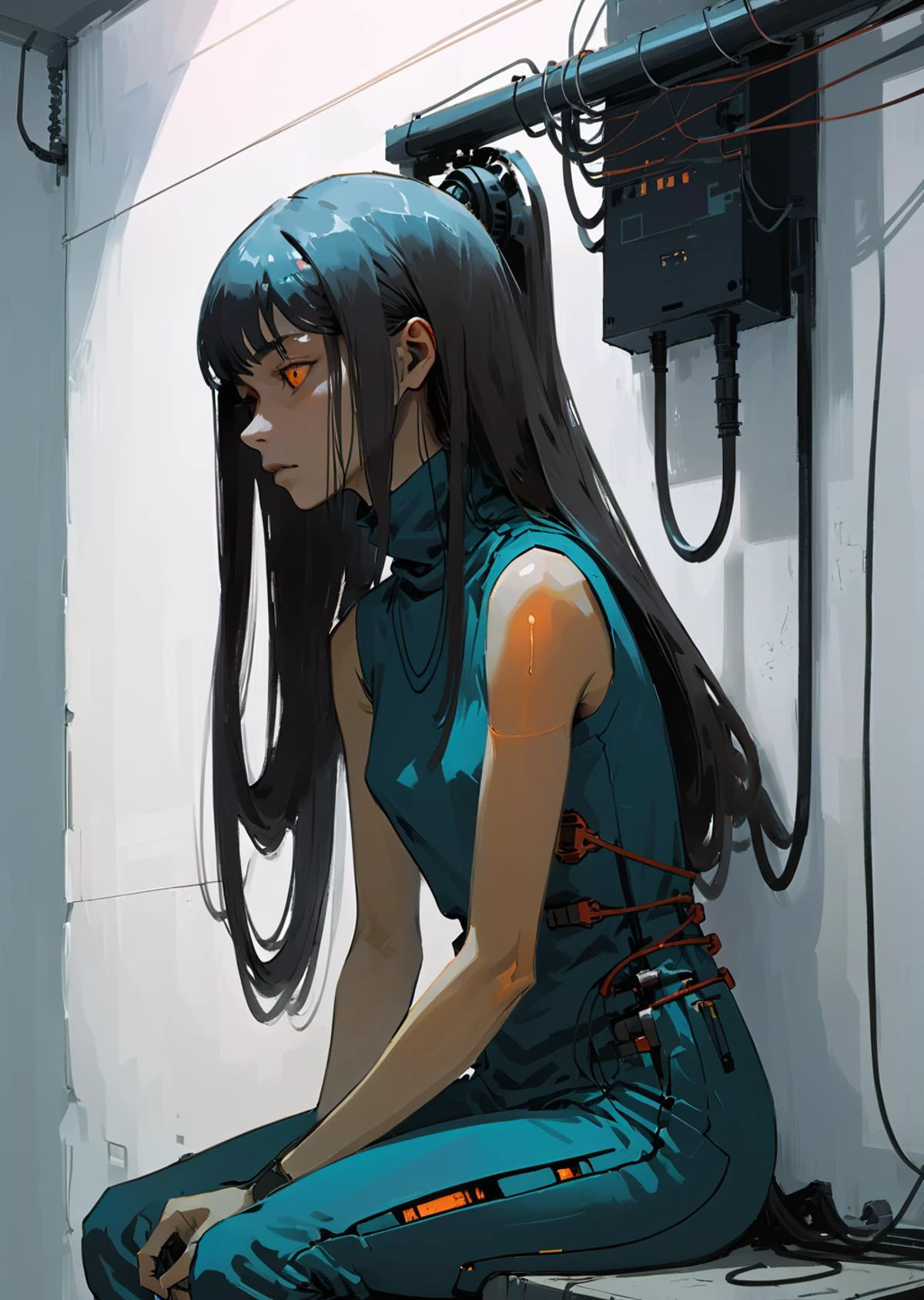 1 woman cyborg
resting
wires and tubes connected to wall
long hair
turtleneck
sleeveless
ghost, demons
detailed background
shadow
by Yoji Shinkawa
Zdzislaw Beksinski
( SimplepositiveXLv1:0.7)