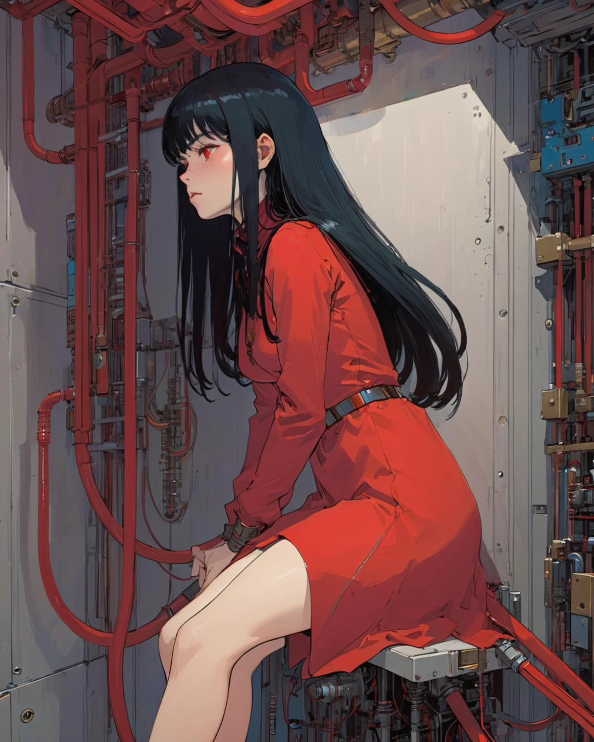 1 female demonic cyborg , tubes connected to the wall
beautiful
long black hair
praying
mechanical limbs
red turtleneck tight
skulls
(color ink painting by Moebius, Victo Ngai Katsuya Terada, )