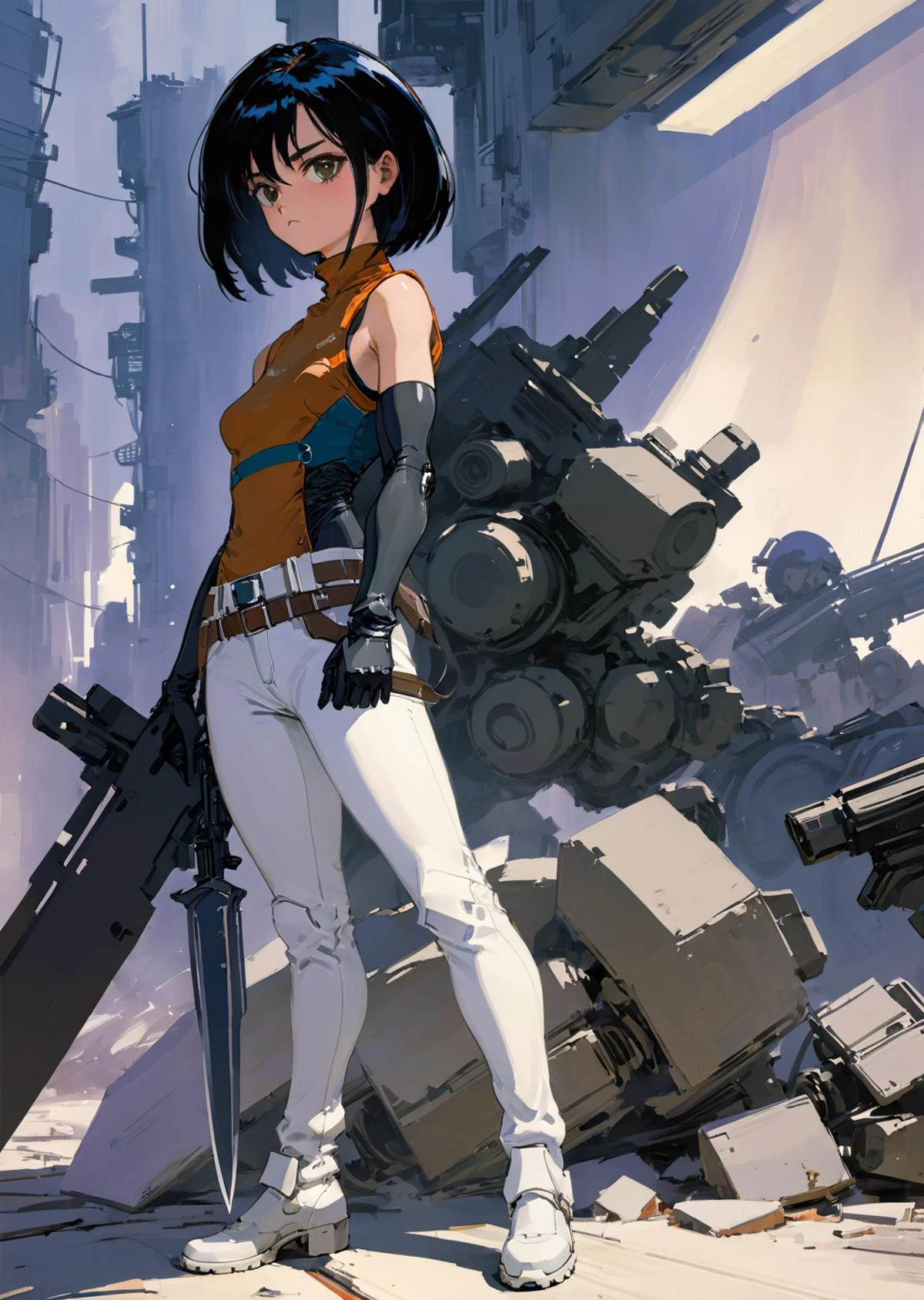 1girl,
detailed
battle angel alita
turtleneck
dramatic lighting shadow
battle
mechanical arms
sleeveless
oversized pants
knife
(by Katsuya Terada, Jeffrey Catherine Jones )