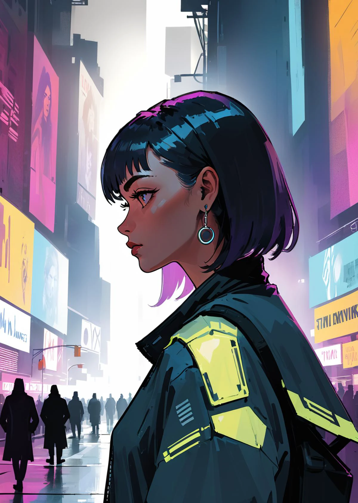 1 female
detailed face
time square
detailed background
cyberpunk
shadow
dramatic lighting
by Bill Sienkiewicz
( SimplepositiveXLv1:0.7)