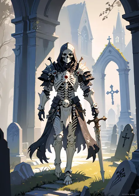 a necromancer , wearing  bone armor, bone spikes, walking through a graveyard
shadow
dramatic light   oblique light, Transparent of light detailed background, items, masterpiece, best quality, , absurdres, (intricate details, hyperdetailed, full body, perspective from below), good anatomy
 (art by Yoshitaka Amano )